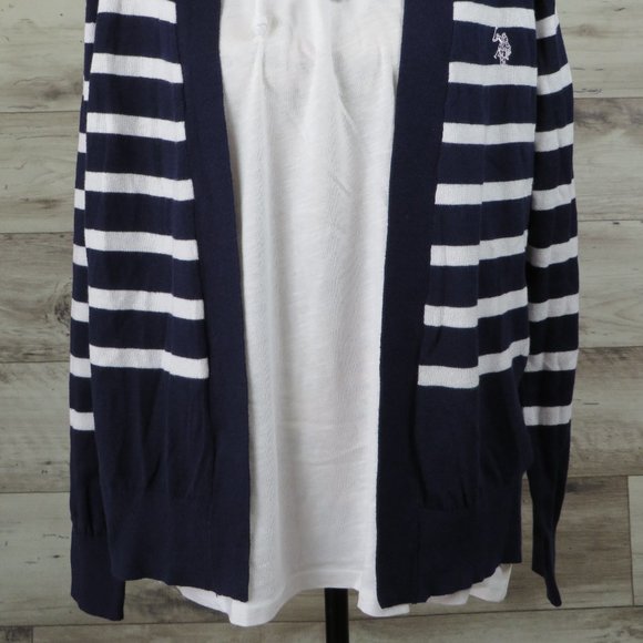 U.S. Polo‎ Assn.* Women's 2 Piece Set Cardigan Sweater Navy/White Blouse~ Medium - Picture 2 of 14